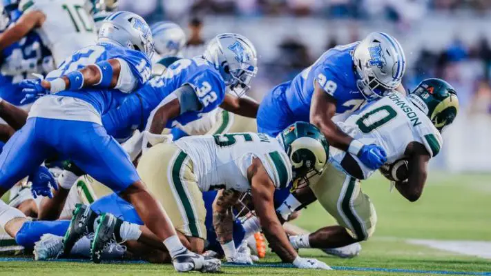 MTSU defense, led by Tra Fluellen and Teldrick Ross, flock to the football. 